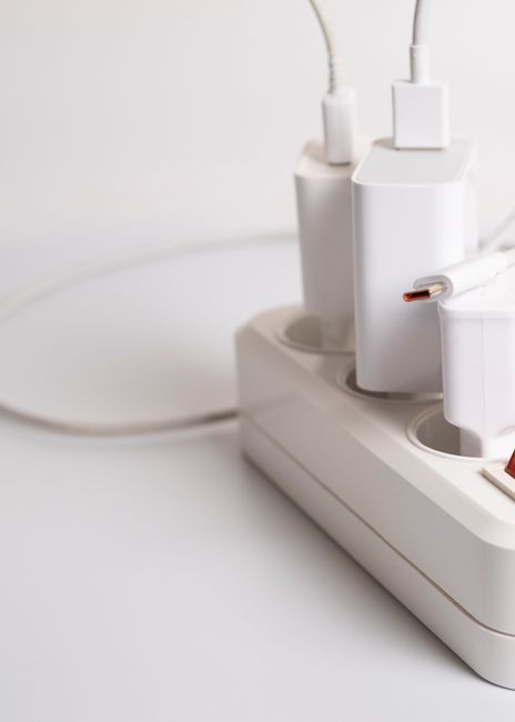 A minimalist charging station with multiple white USB plugs neatly arranged.